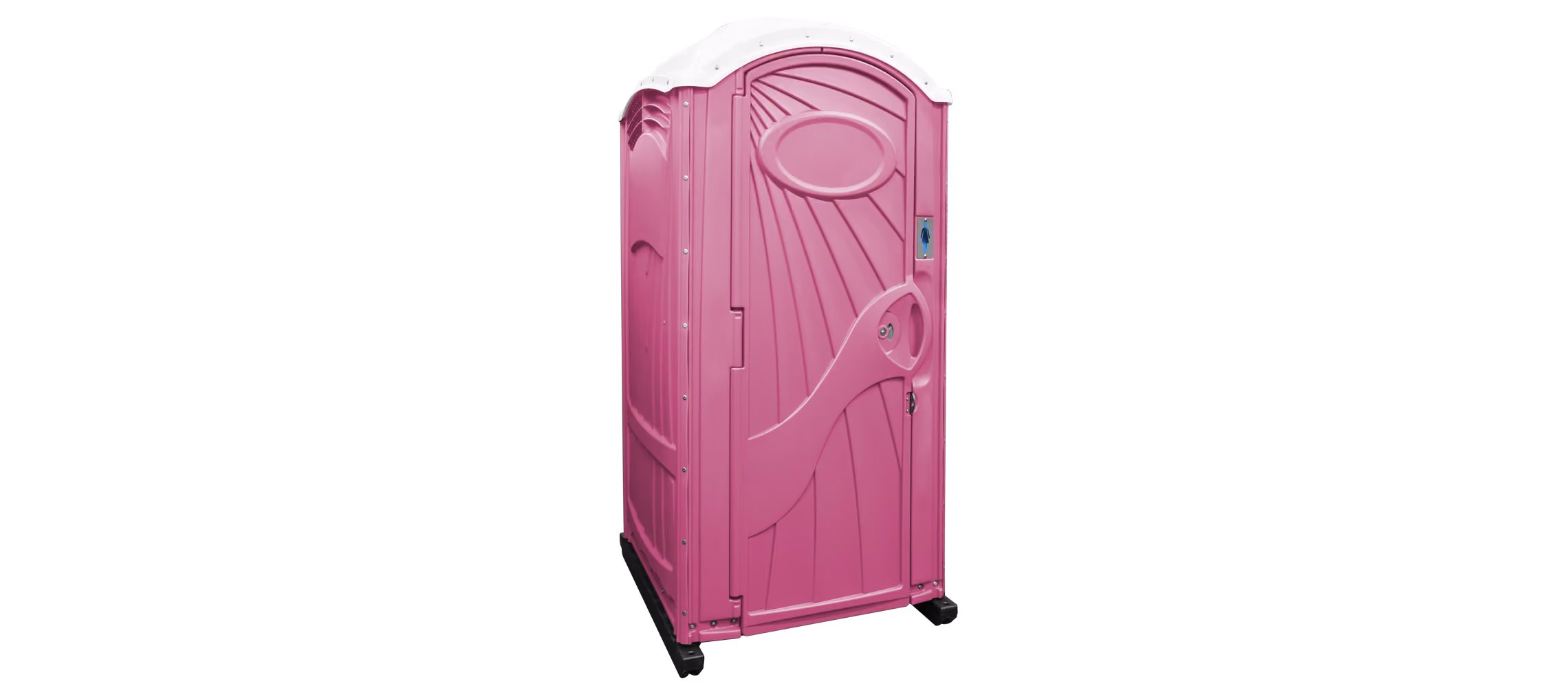 A bright pink portable restroom with a curved roof and door handle.