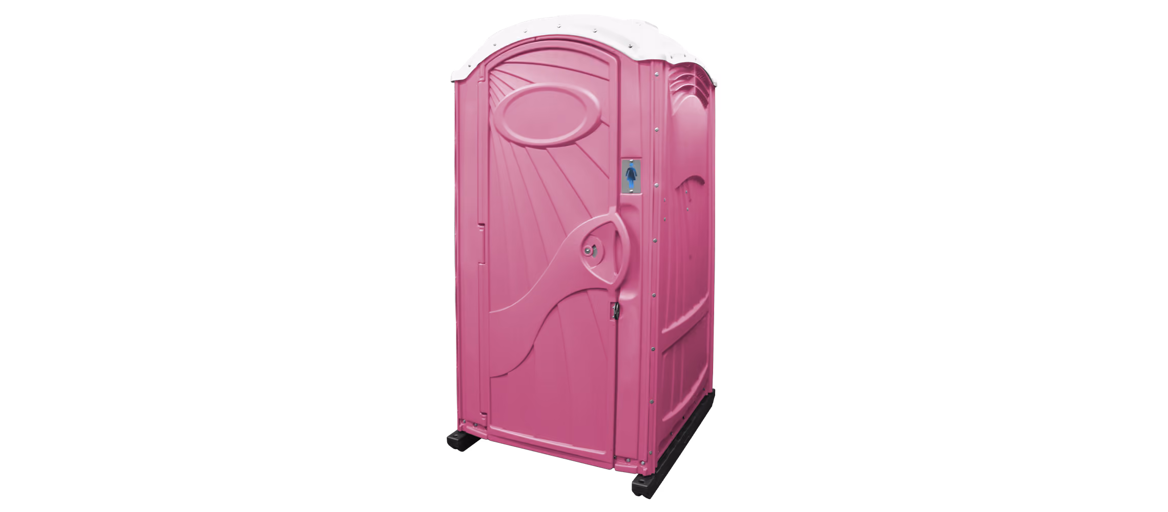 Bright pink portable restroom with a curved design and a lockable door.