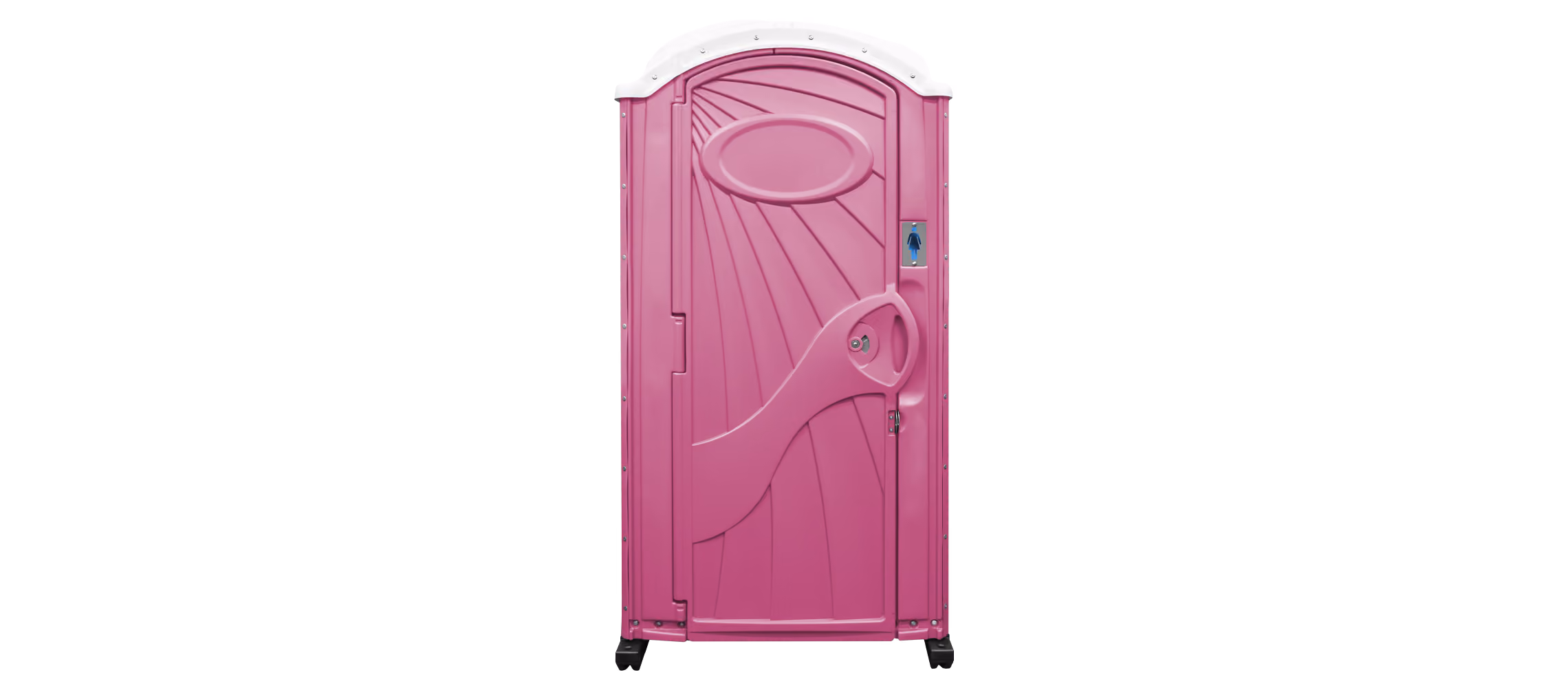 Pink women's portable restroom door with a white top and handle in the center.