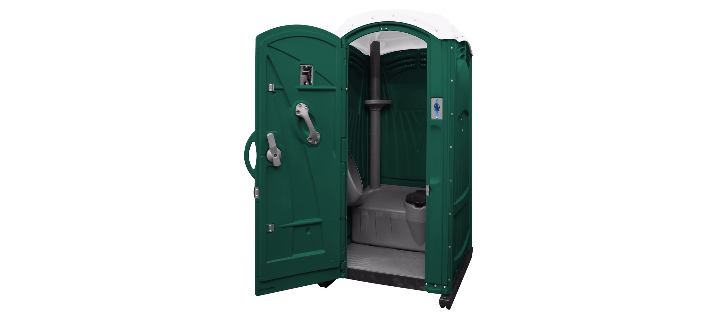 A green portable restroom with an open door, showing the interior and a hand sanitizer dispenser.