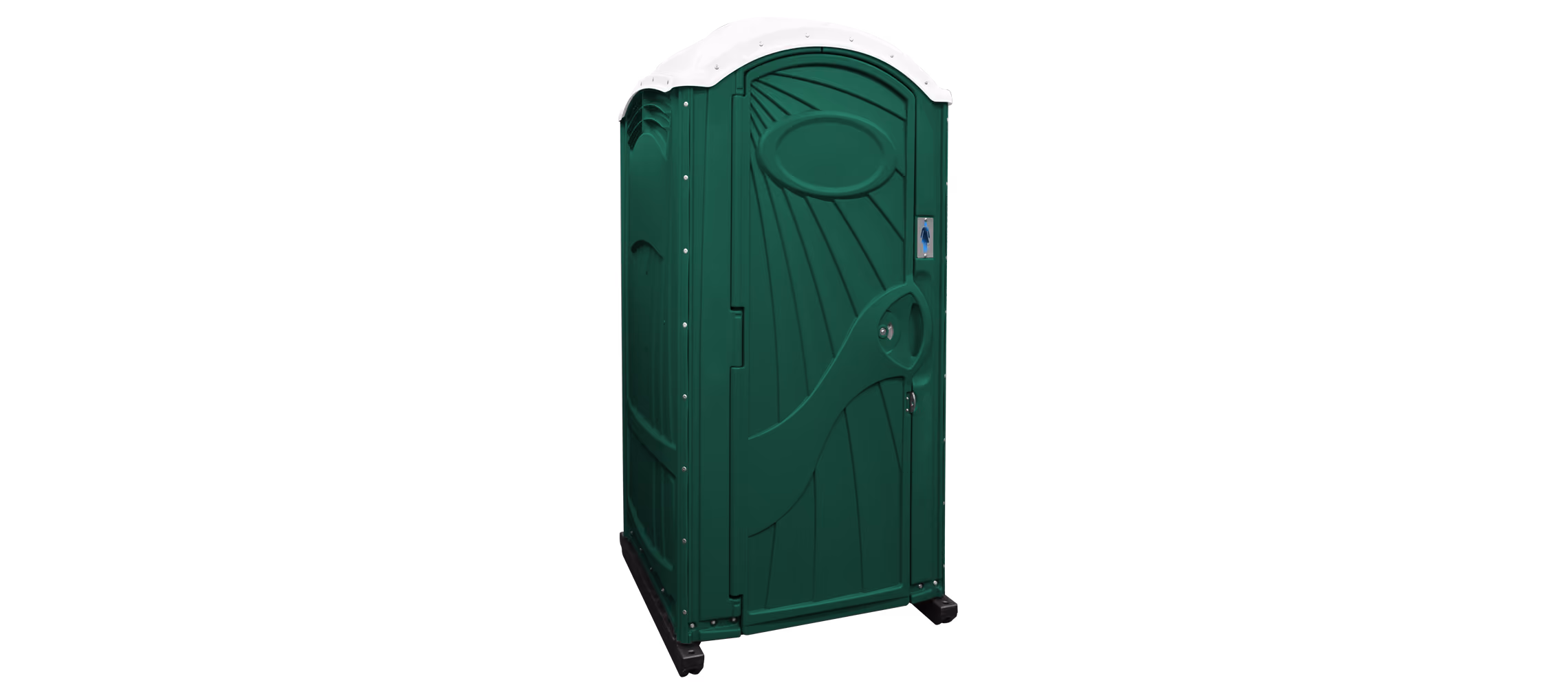 Green portable toilet with a curved roof and decorative panel design.