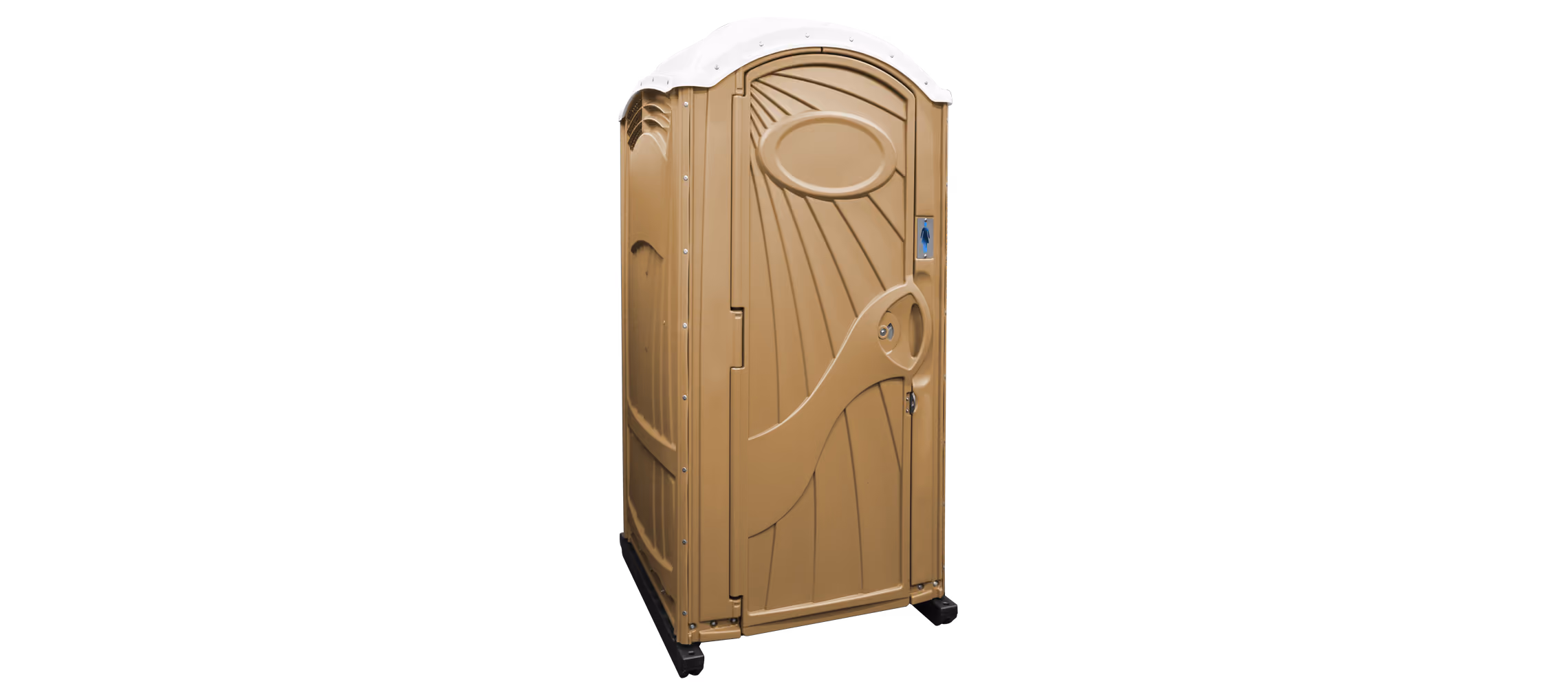 A portable restroom unit with a tan exterior and a curved roof design.