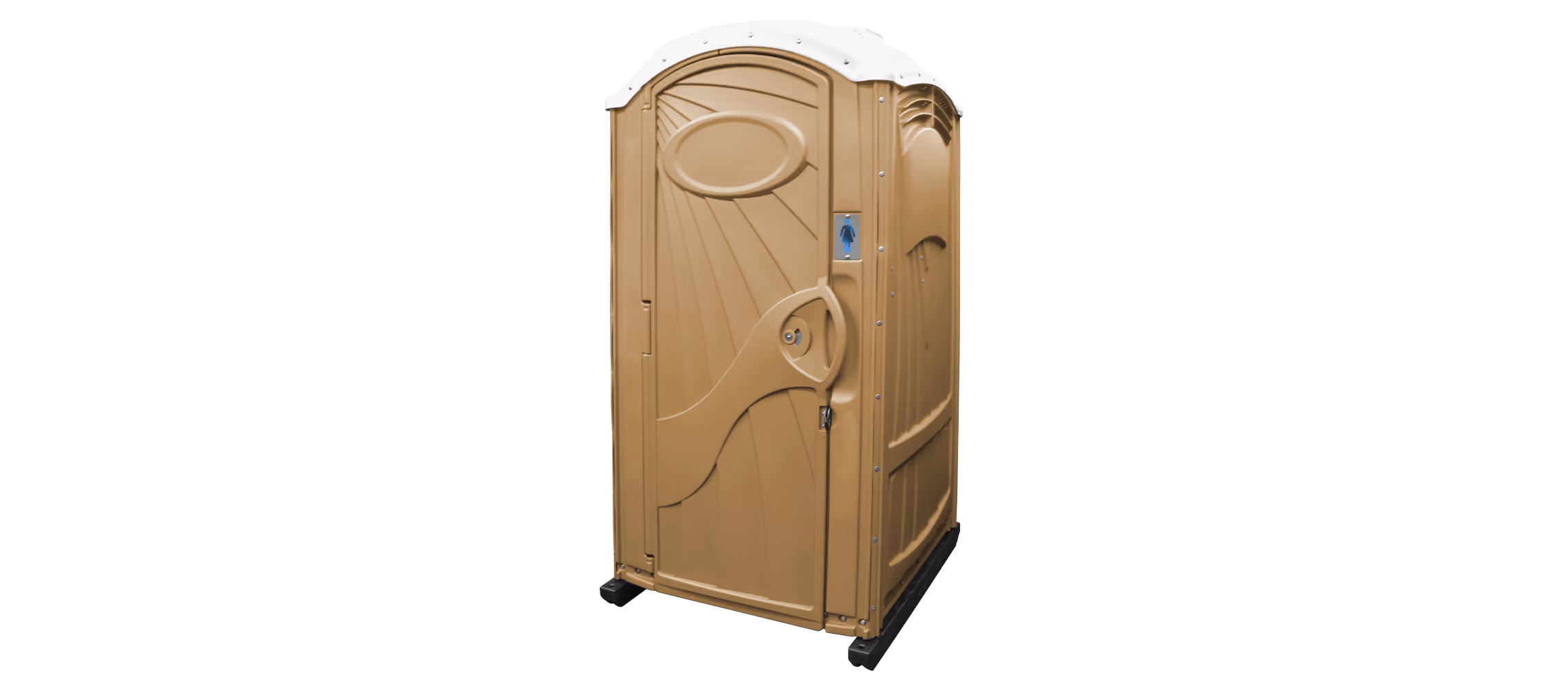 Portable restroom in a tan color with a textured design and a locking door.