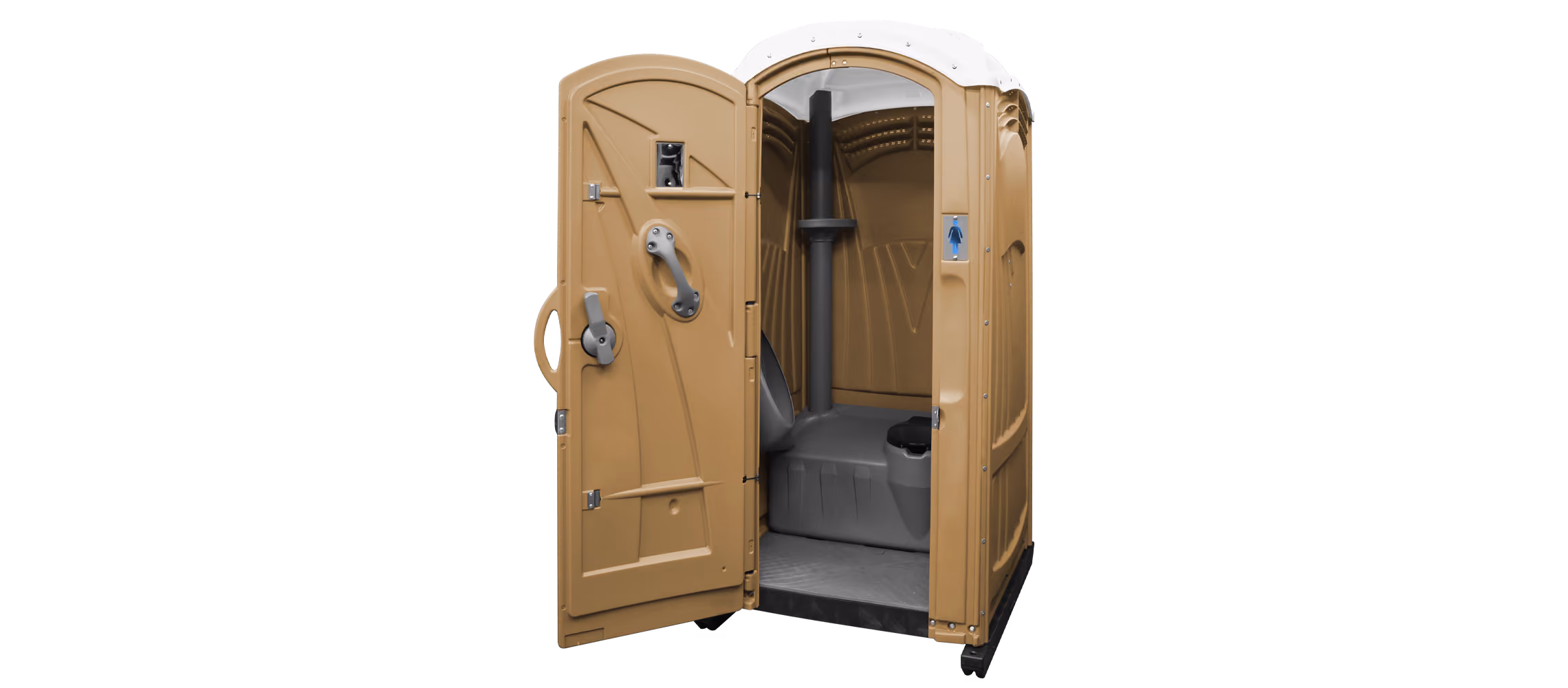 Portable restroom with an open door and an interior featuring a toilet and hand sanitizer dispenser.