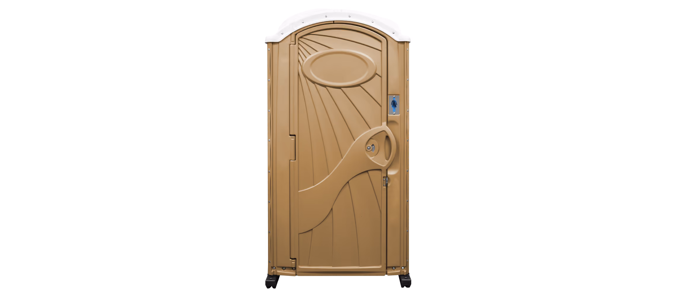 Tan portable toilet with white curved roof and a women's restroom sign on the door.