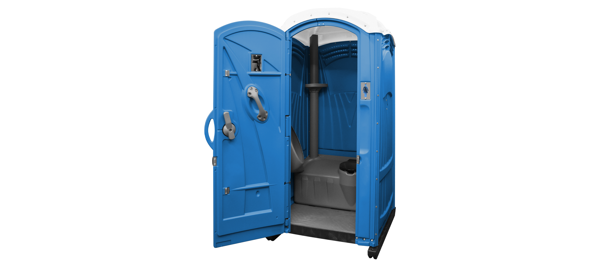 Blue portable toilet with an open door, showing a hand sanitizer dispenser inside.