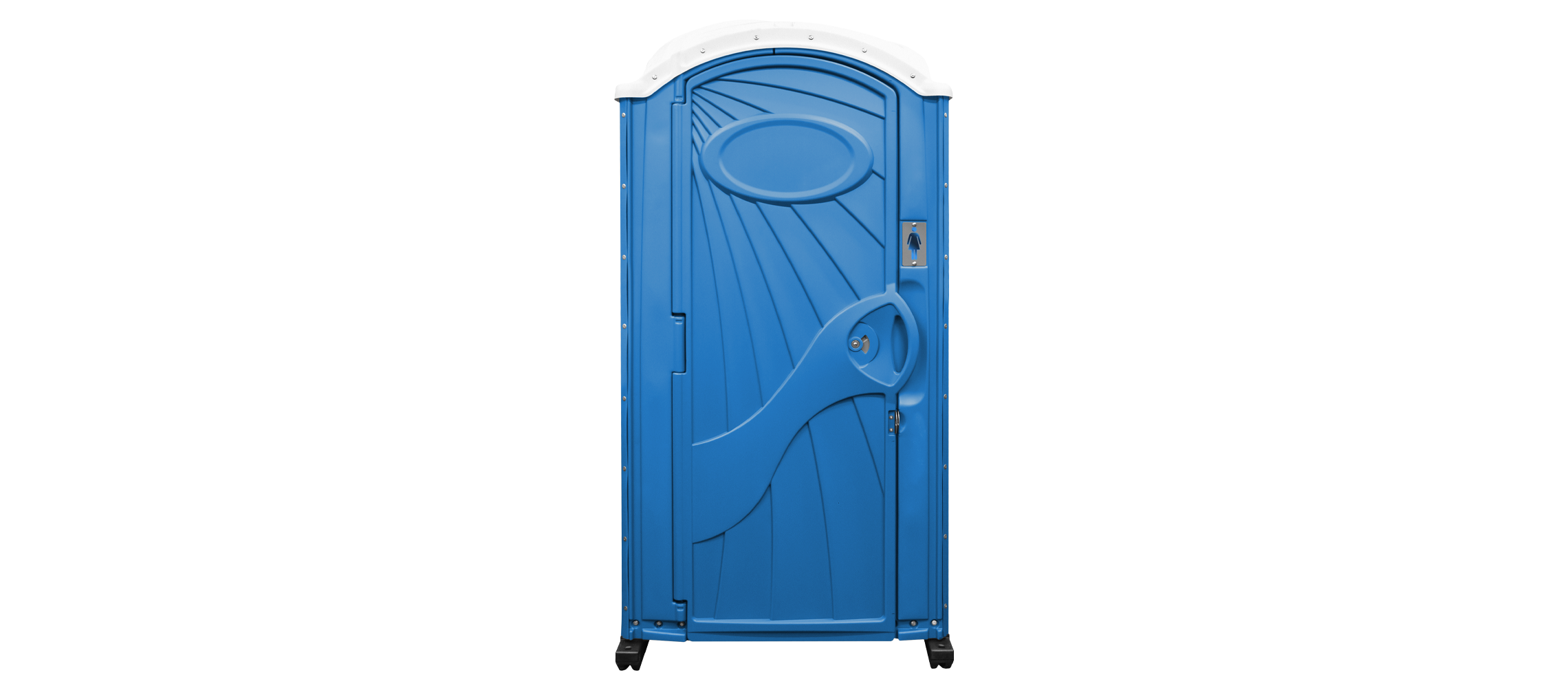 Blue portable toilet with white roof and female restroom symbol on door.