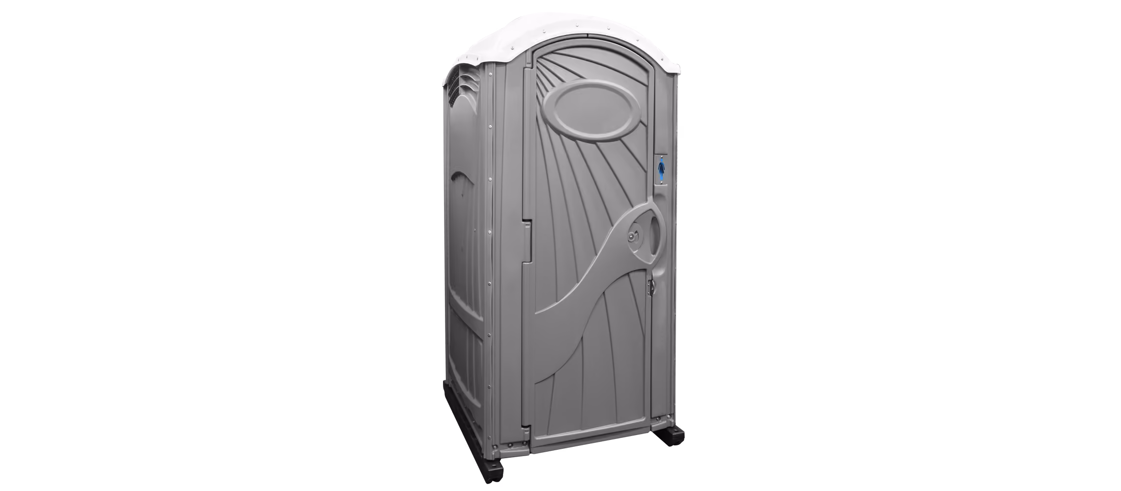 Gray portable restroom with a rounded top and side handle, set against a black background.