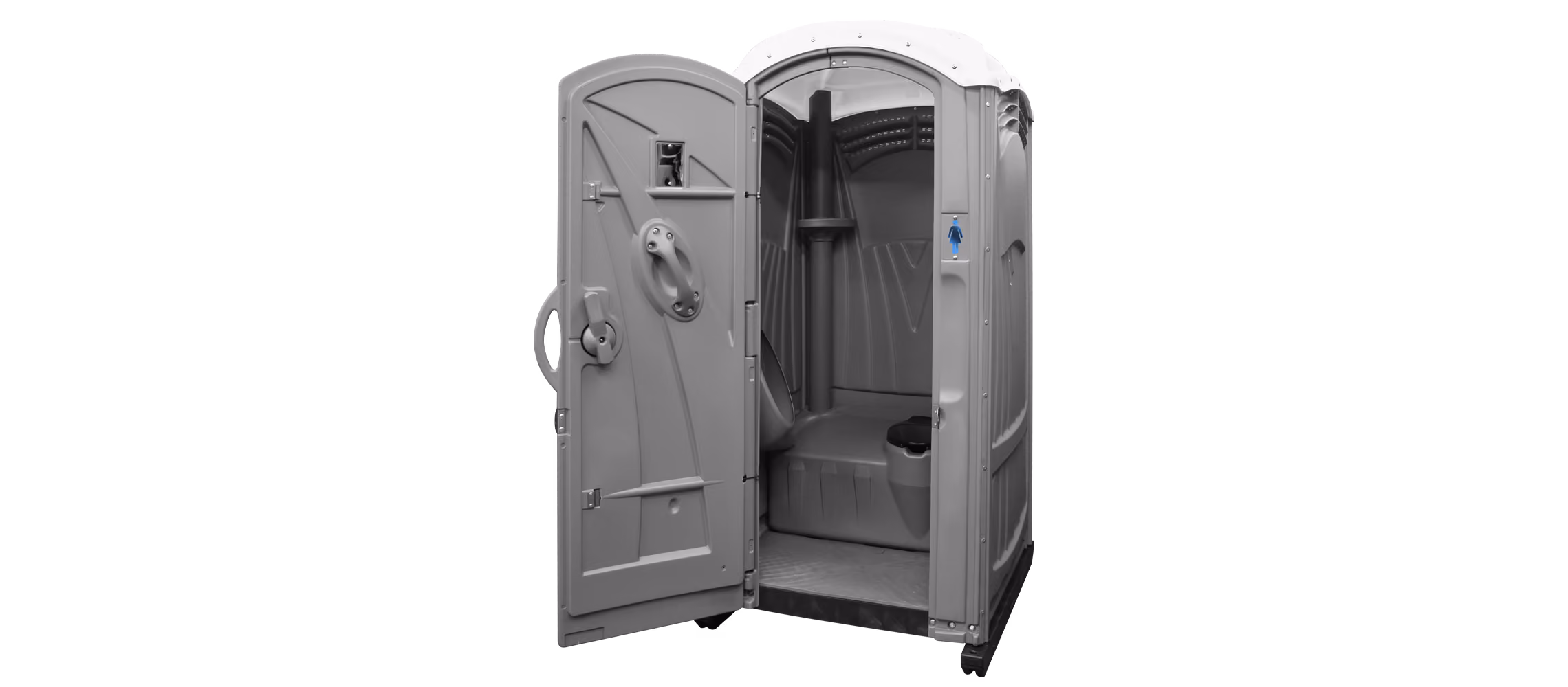 Portable toilet with an open door, featuring a gray exterior and basic interior setup.