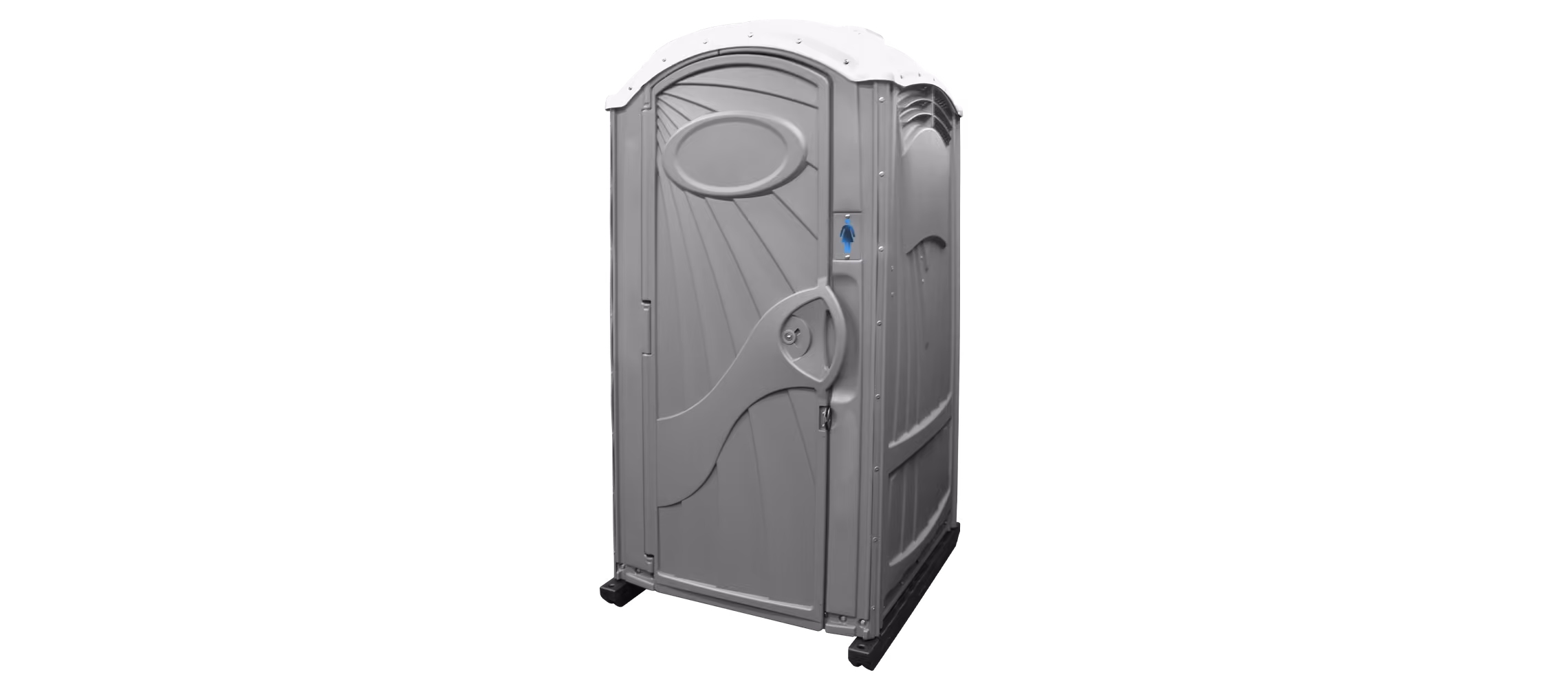 Gray portable toilet with a rounded roof and a door on the front, featuring a handle and