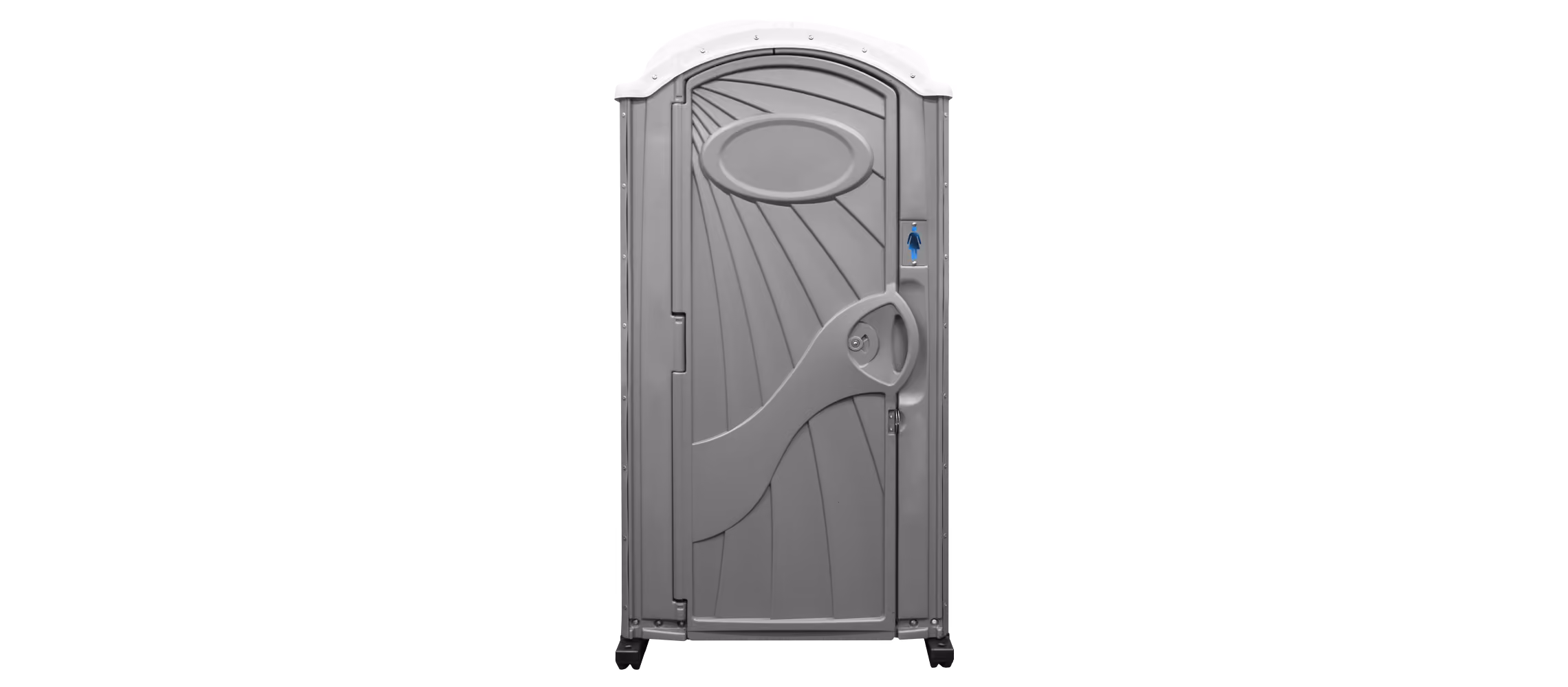 Gray portable outdoor restroom with closed door and a women's sign on handle side.