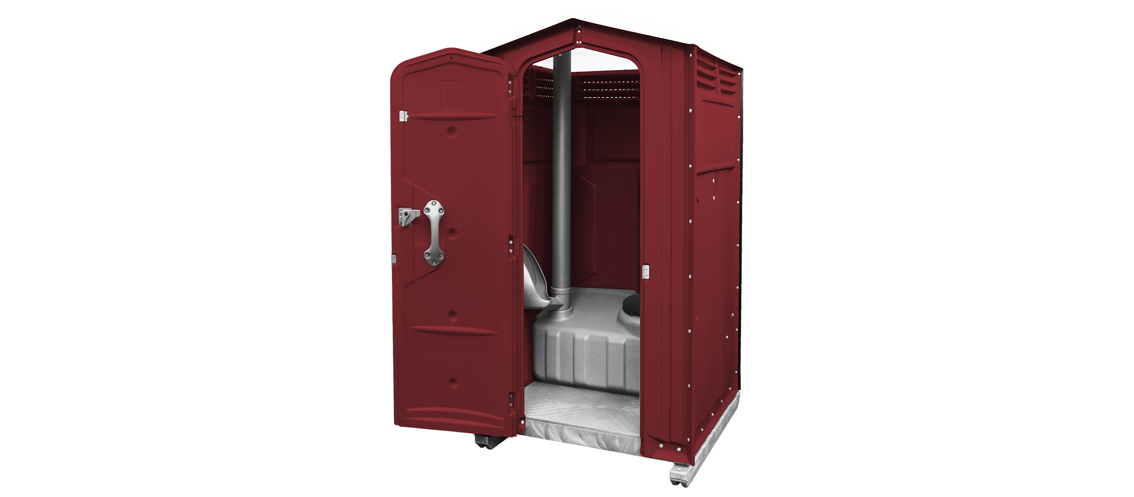 Portable toilet in maroon with an open door, revealing a simple interior and ventilation.