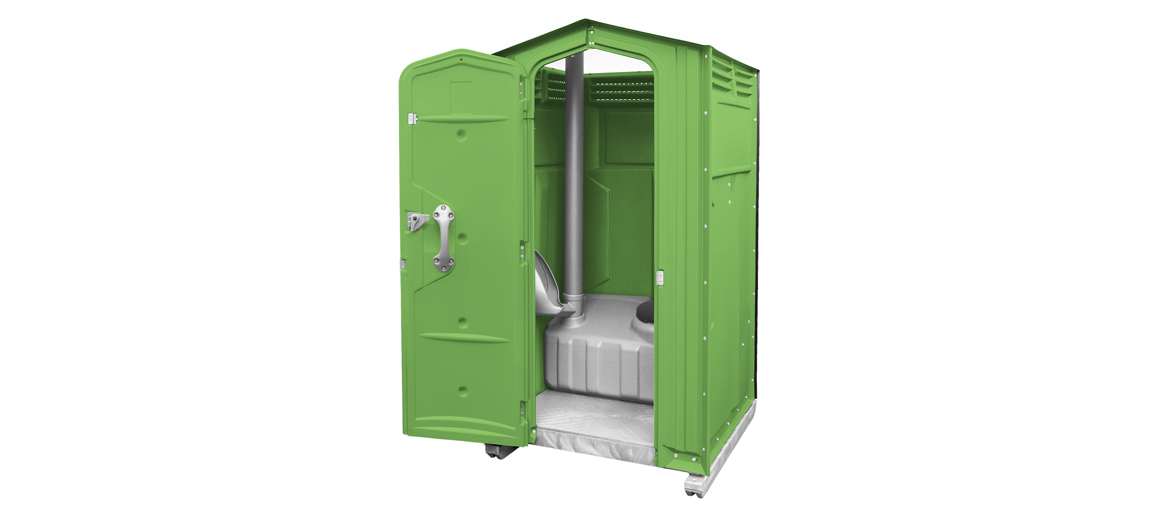 A green portable toilet with an open door, showing the interior and seating.
