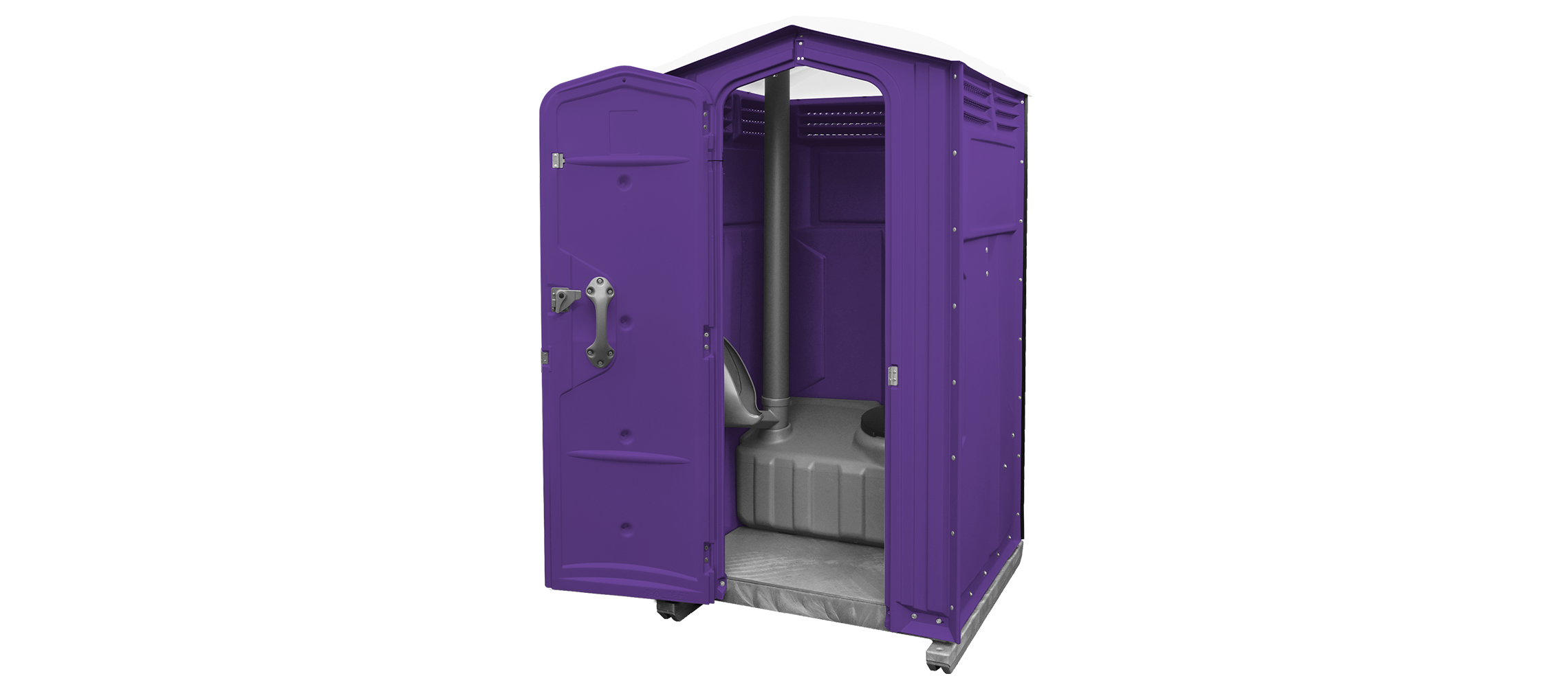 Purple portable toilet with an open door, featuring a gray interior and a vented roof.