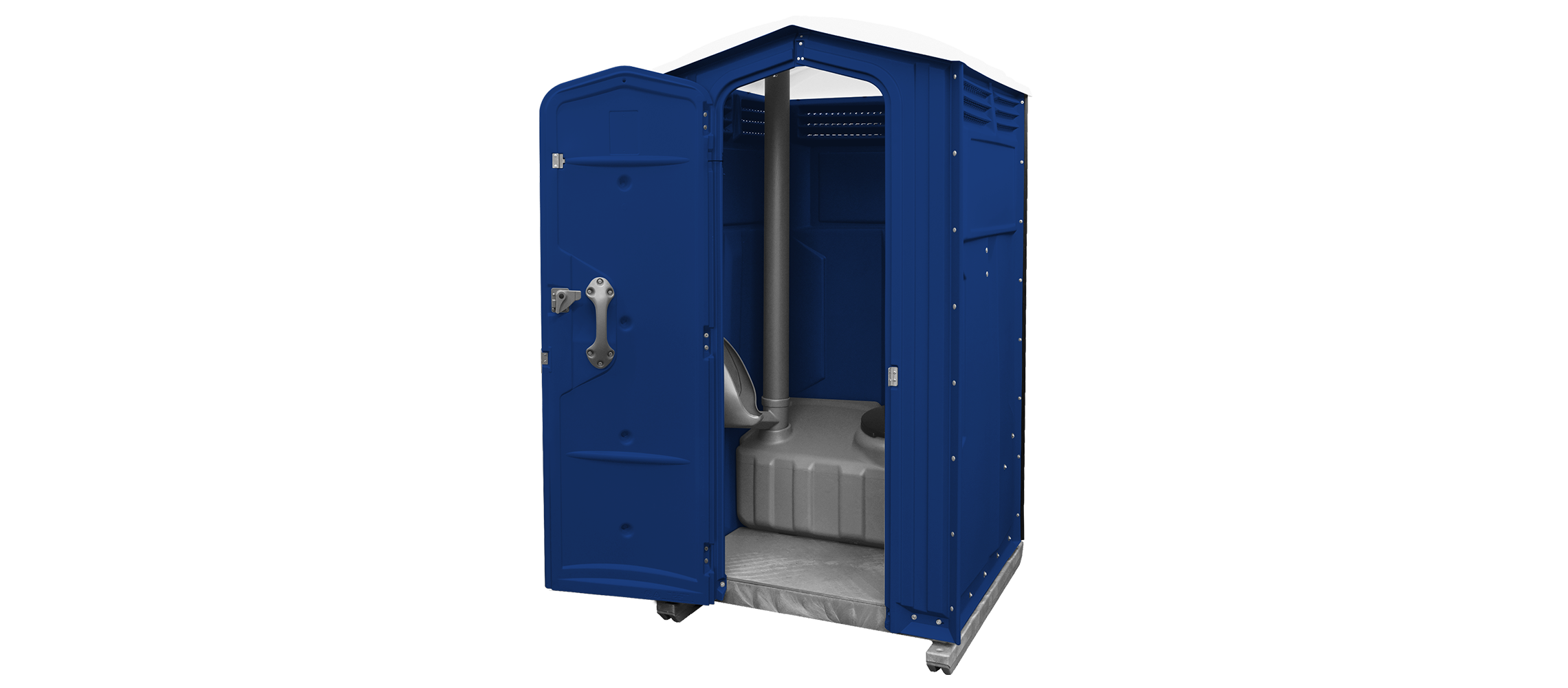 Portable toilet in dark blue with an open door, showcasing interior features.