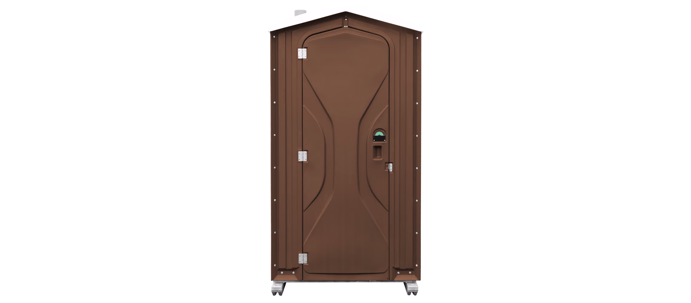 Brown portable restroom with a curved top and side panels, featuring a door and handle.