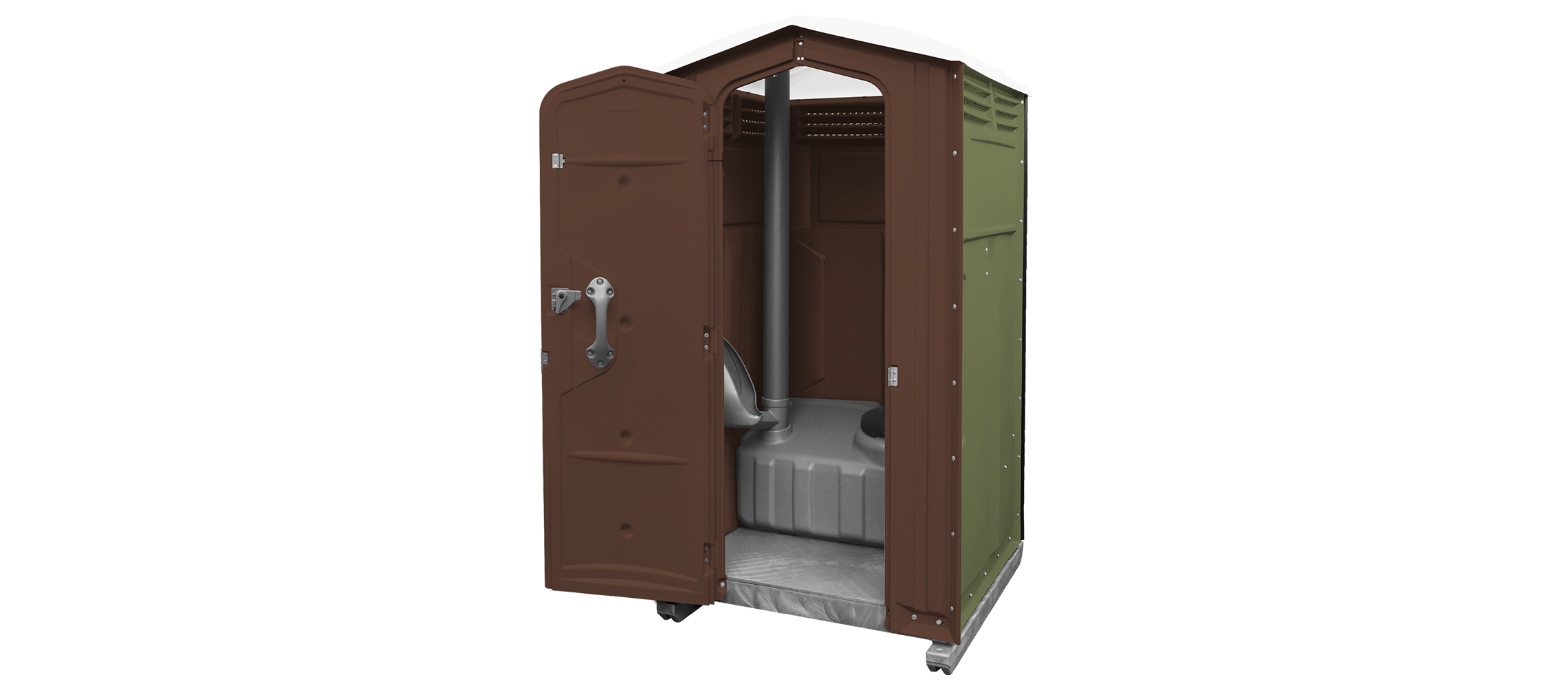 Portable restroom with a brown door and green sides, featuring a silver toilet and gray interior.