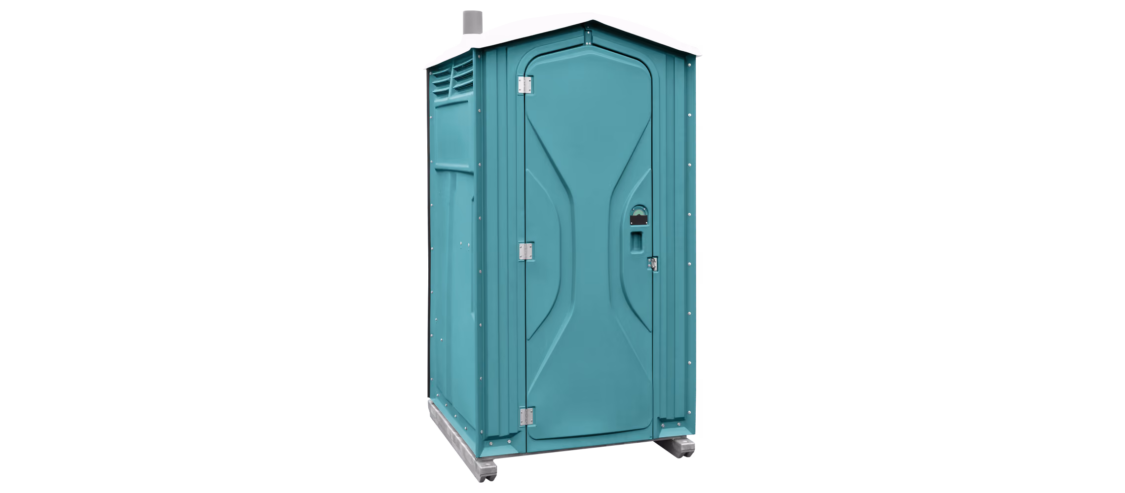 Standalone turquoise portable outdoor toilet with a white roof and ventilation pipe.