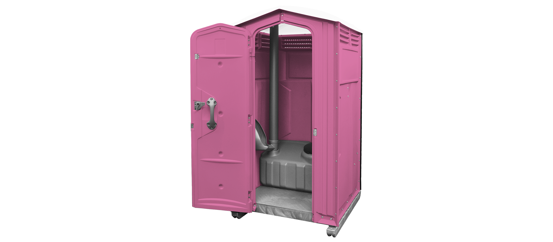 Pink portable toilet with an open door, featuring a gray interior and a vented roof.