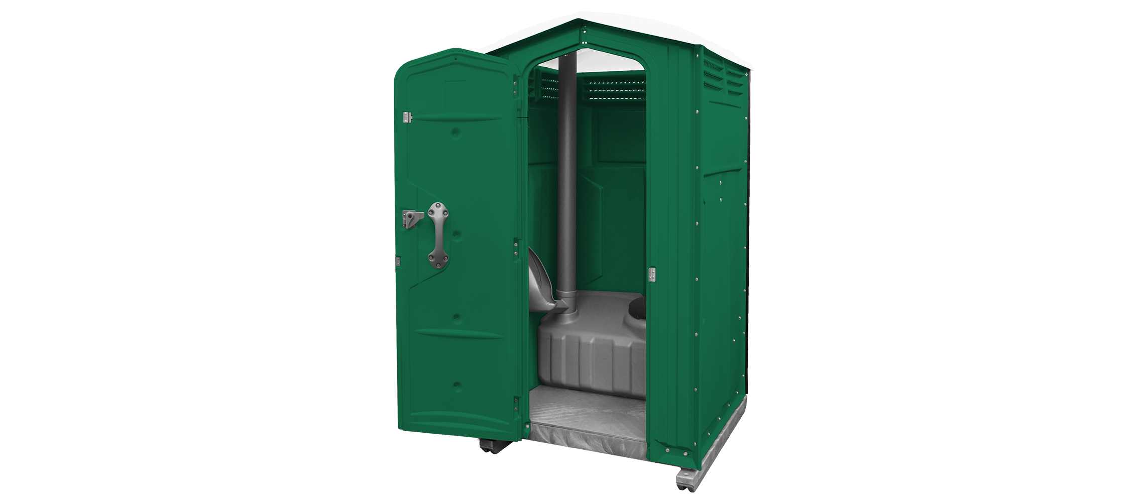 Green portable restroom with an open door, featuring a simple interior design.