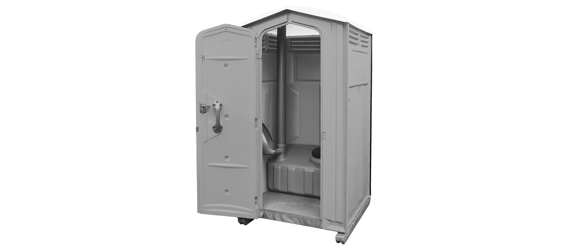 Portable toilet in light gray with an open door, showing interior features and seating.