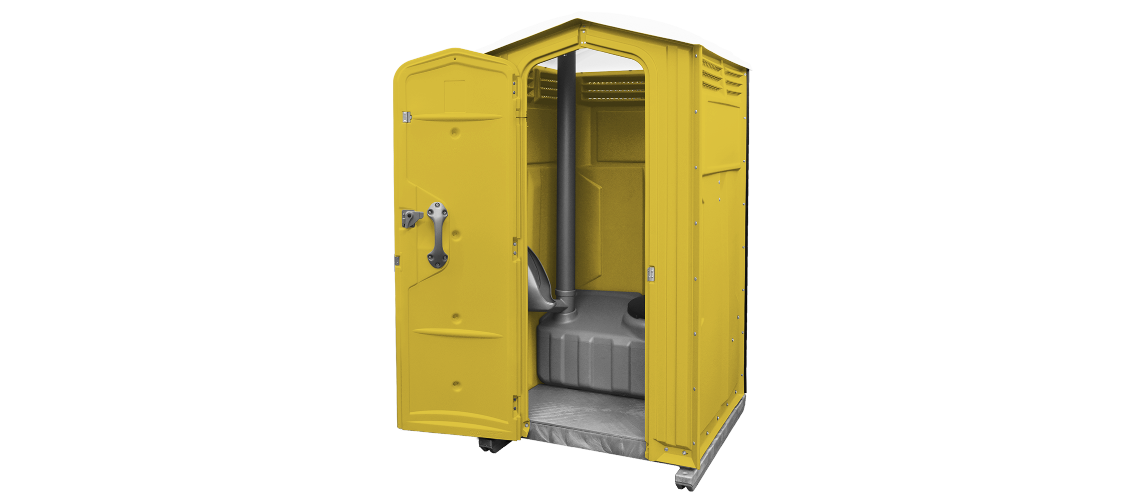 Yellow portable toilet with an open door, featuring a simple interior design and standard amenities.