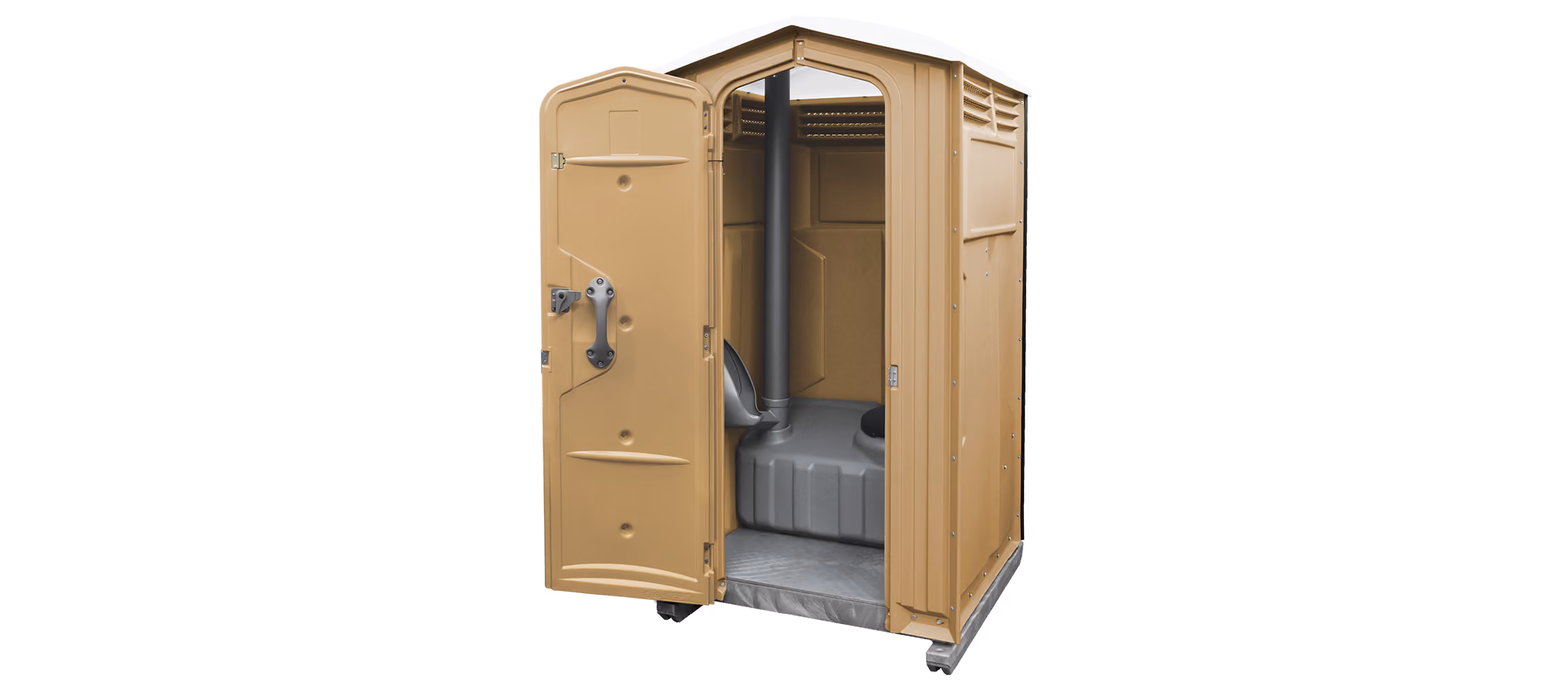 Portable toilet with an open door, featuring a gray interior and ventilation.
