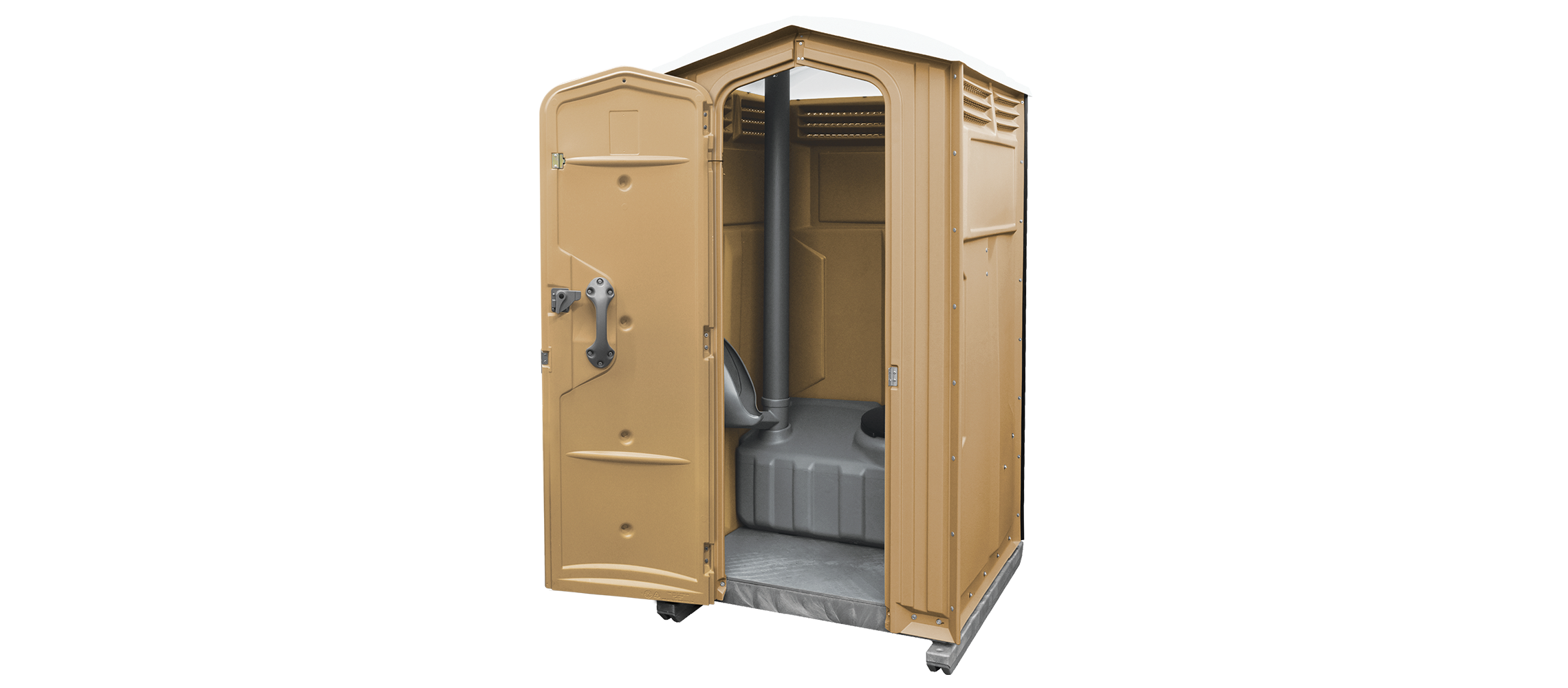 Portable toilet with an open door, featuring a gray interior and ventilation.