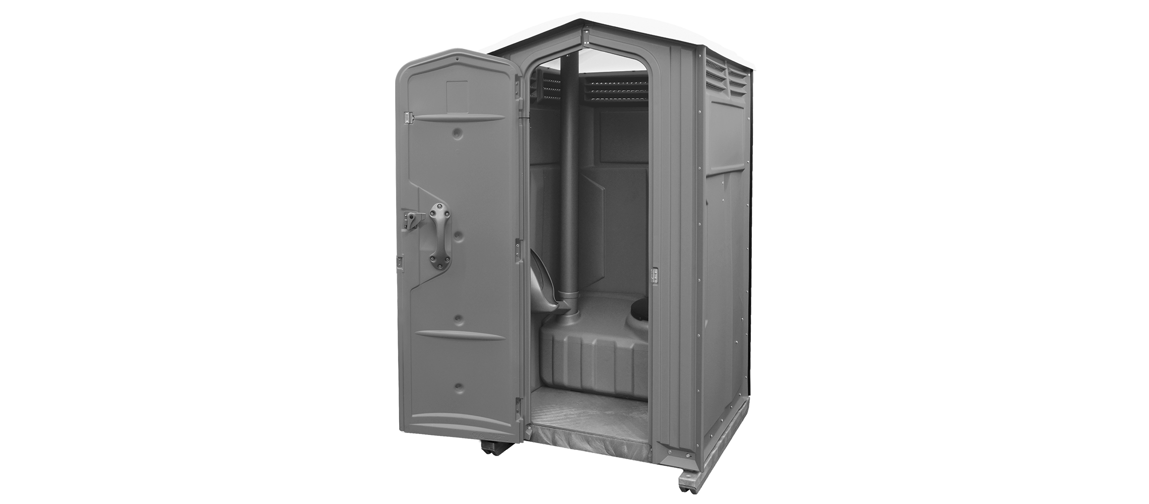Portable toilet in dark gray, featuring an open door and interior view.