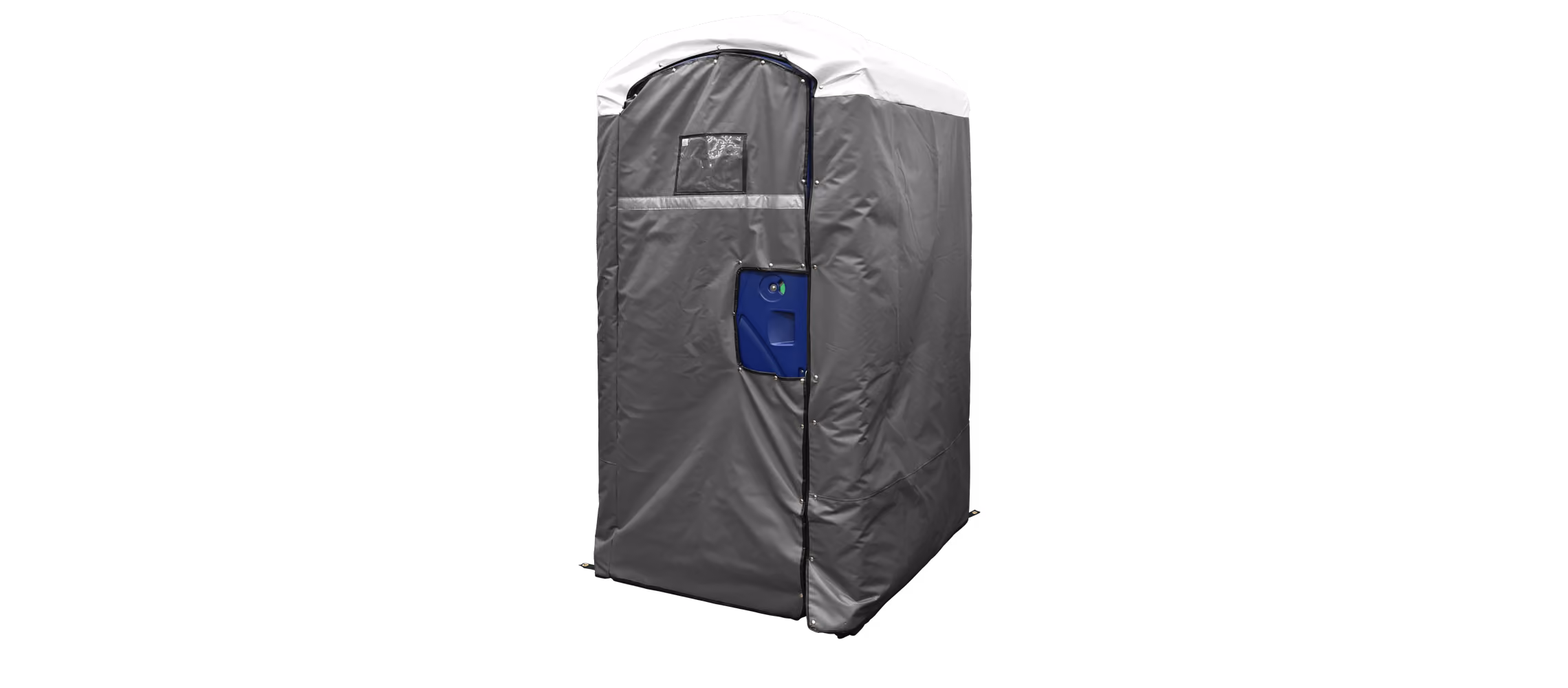 Insulated gray restroom cover with a white top, featuring a blue door.