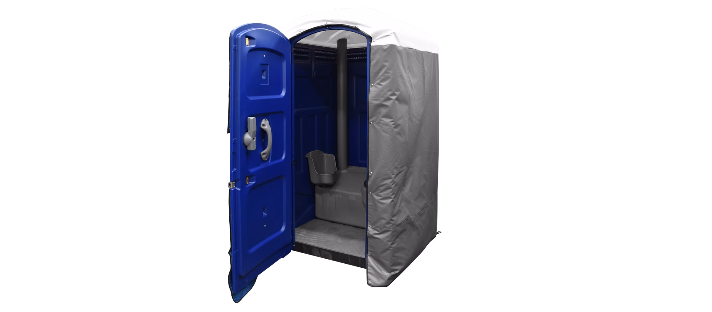 Insulated gray restroom cover with an open door and a portable toilet inside.