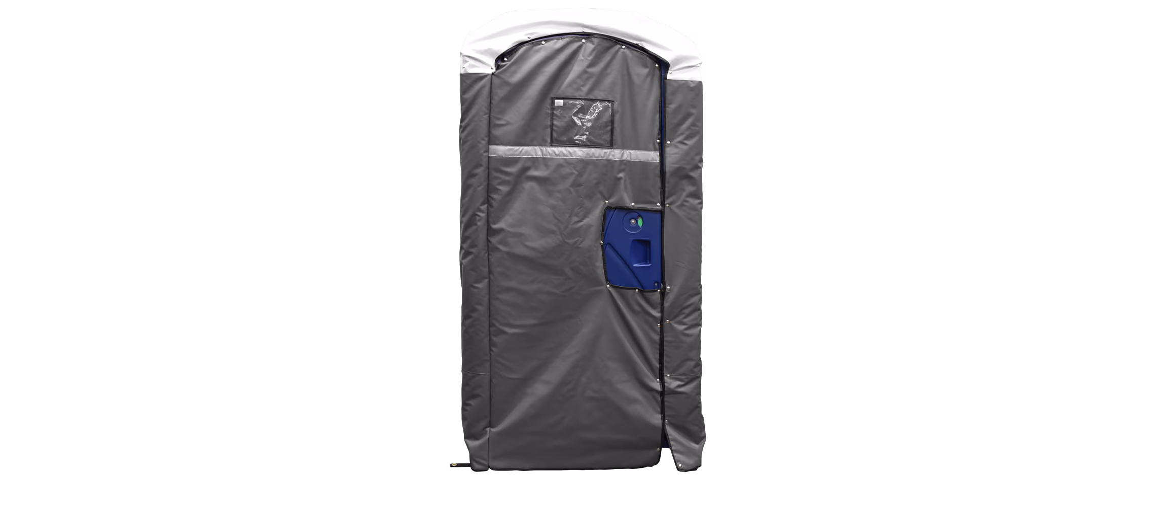 Gray insulated cover on a portable restroom with a blue door and small window.
