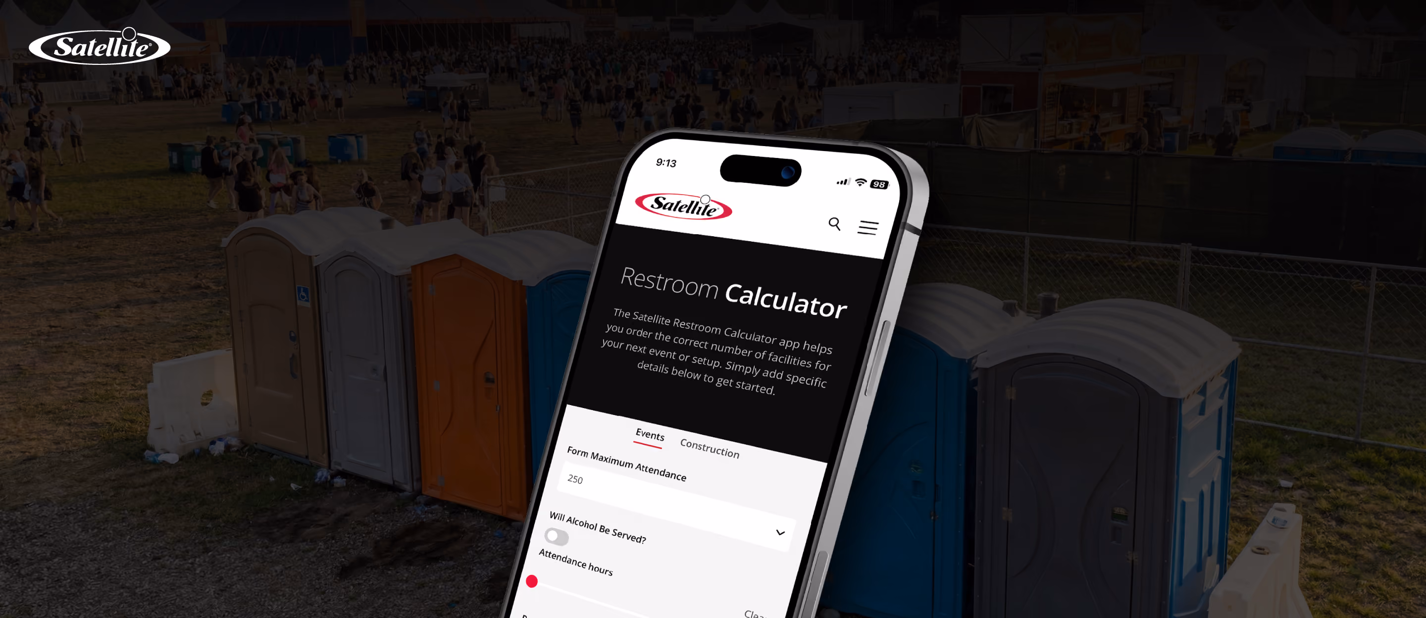 Portable restrooms lined up at a large outdoor event during peak event season, showcasing event sanitation planning, portable restroom-to-guest ratios, ADA restroom accessibility, handwash station placement, and scalable portable sanitation solutions for festivals, weddings, concerts, and community events.