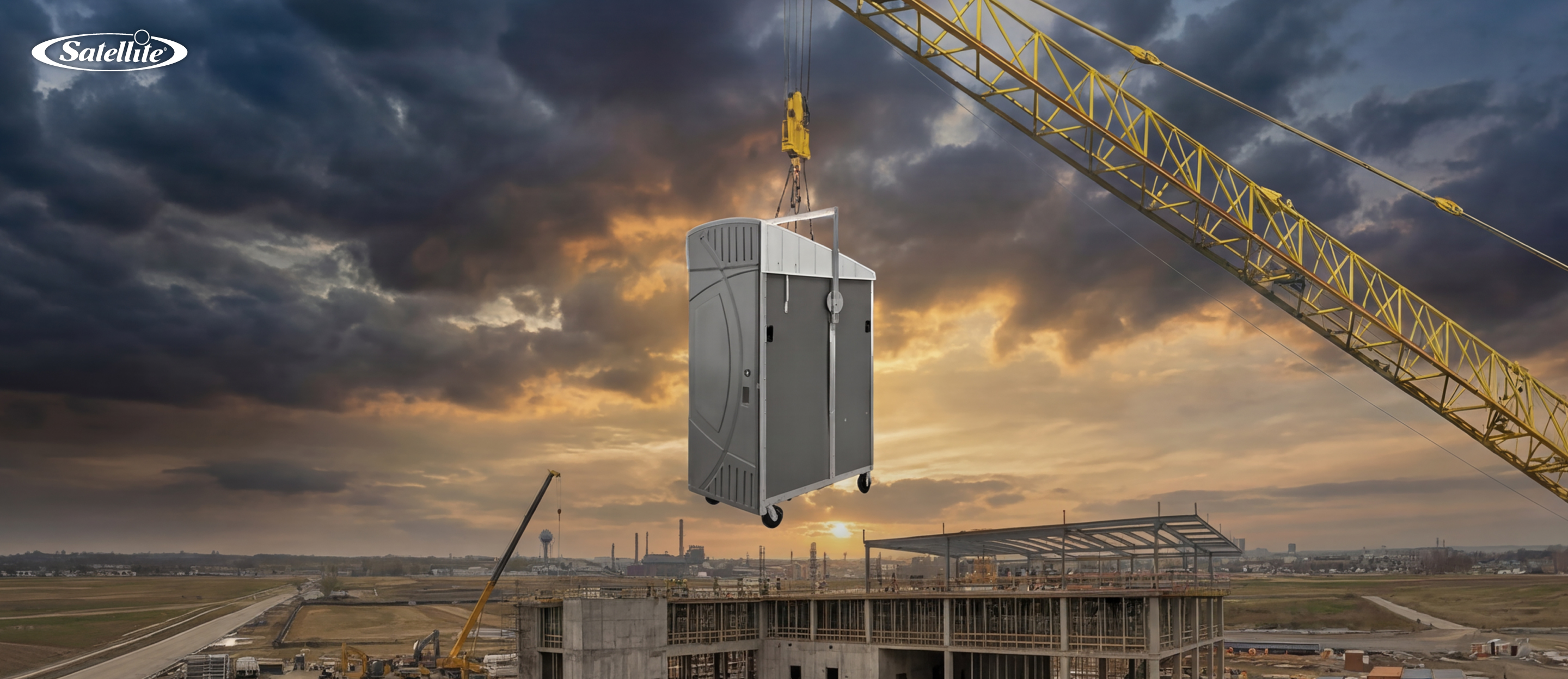 High-rise portable restroom being lifted by crane onto a multi-story construction site, demonstrating portable sanitation solutions for construction projects, worker productivity, jobsite safety, compliance, and efficient access to restroom facilities on large commercial builds.