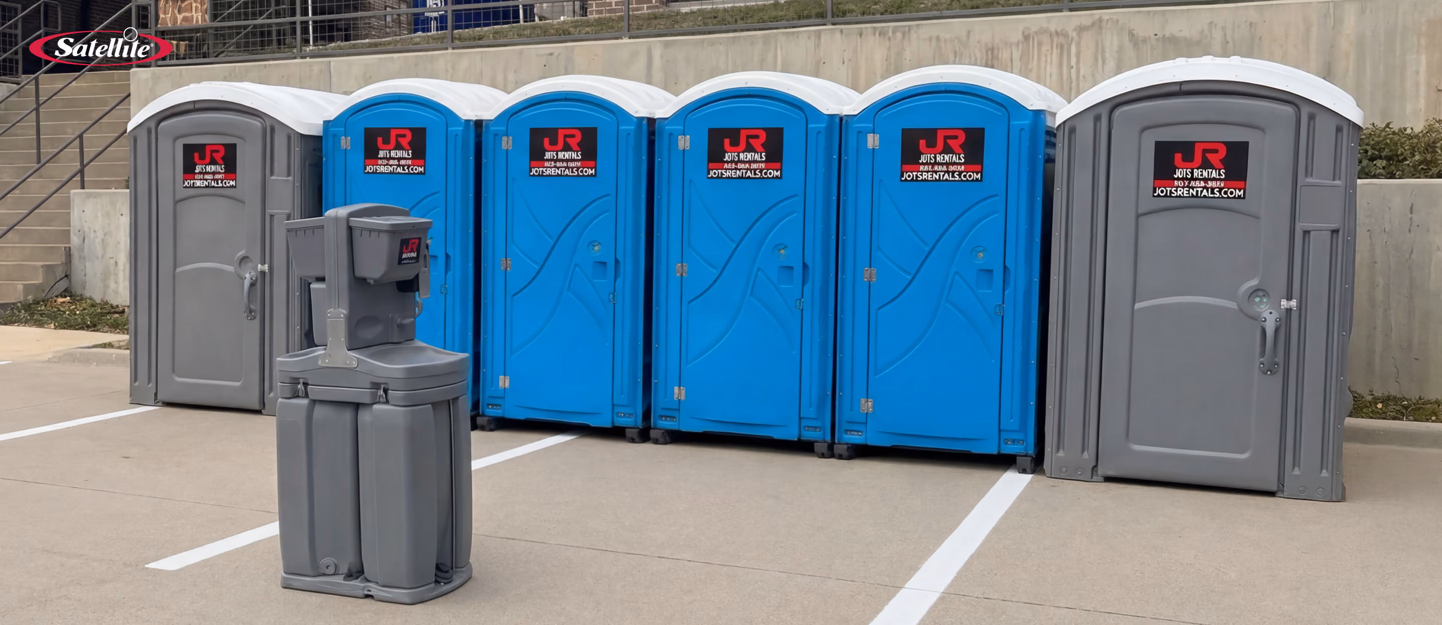JOTS Rentals portable restroom fleet operating in the South Central Territory, representing professional portable sanitation services, durable portable restroom equipment, customer-focused service, and a trusted partnership with Satellite Industries supporting construction sites, events, and temporary sanitation needs.