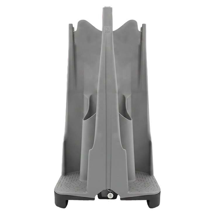 Gray plastic holder with a curved design, featuring slots for organizing items.
