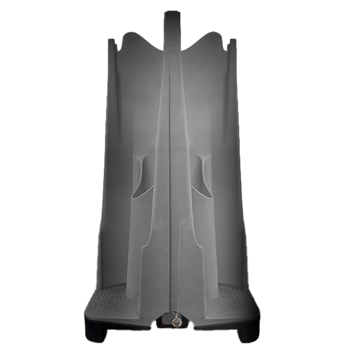 A gray, sculptural organizational stand with vertical compartments for storage.