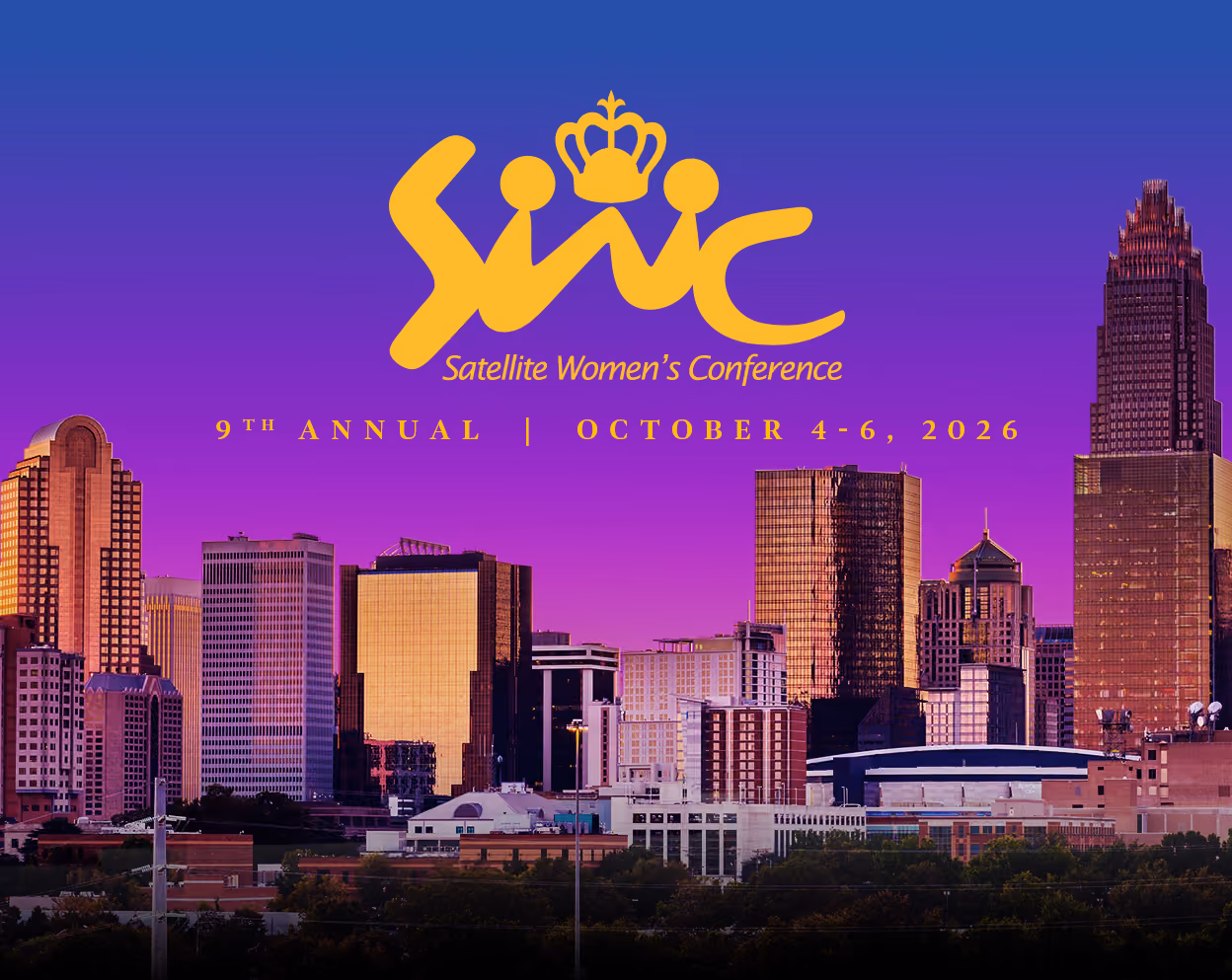 Logo for the Satellite Women's Conference with a skyline of Charlotte, NC at sunset, October 4-6,