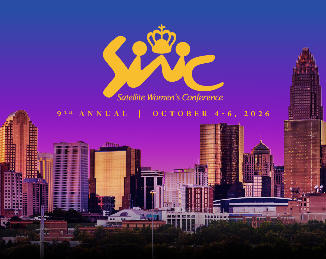Logo for the Satellite Women's Conference with a skyline of Charlotte, NC at sunset, October 4-6,