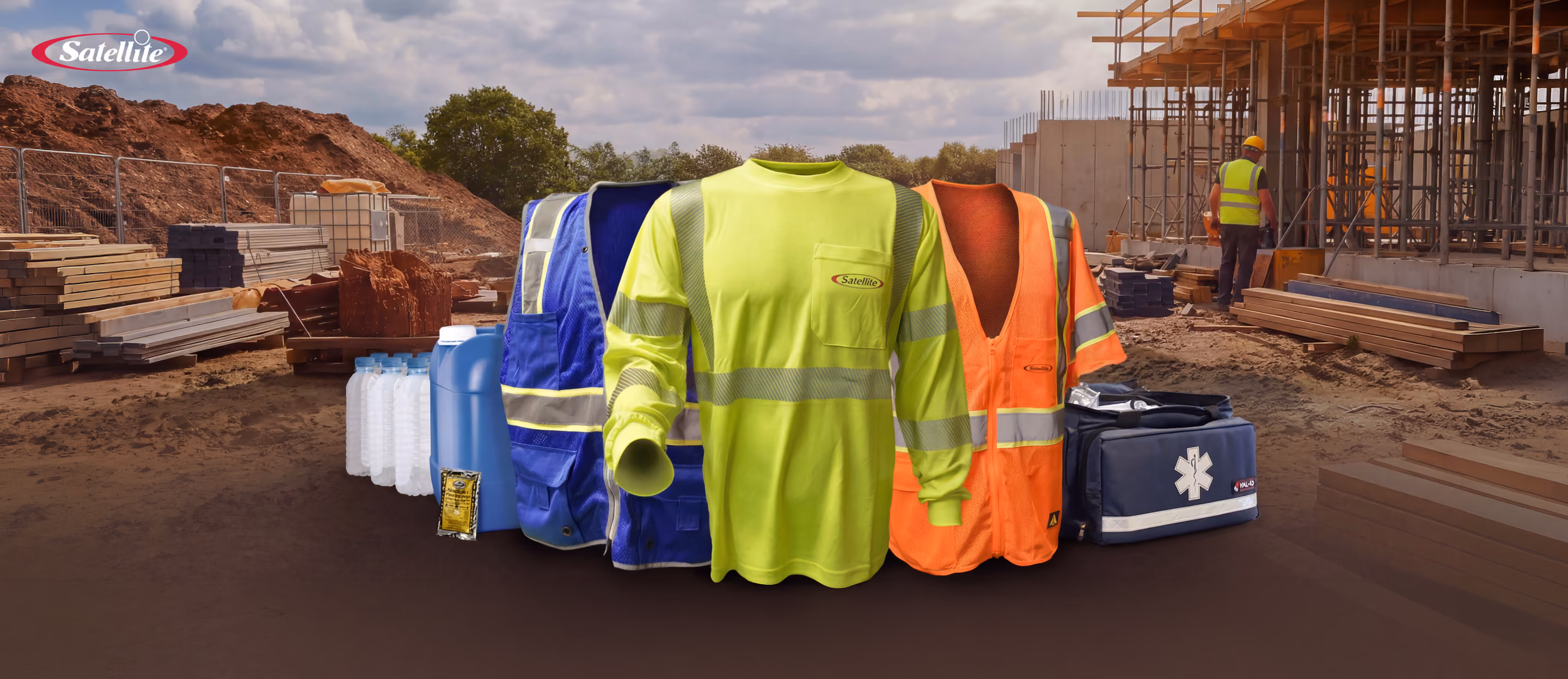Heat safety equipment for construction and portable sanitation crews displayed on an active construction site, including high-visibility safety shirts, reflective vests, water containers, hydration supplies, and a first aid kit. The image highlights heat stress prevention, worker hydration, summer jobsite safety, and PPE designed to protect outdoor workers from extreme heat.