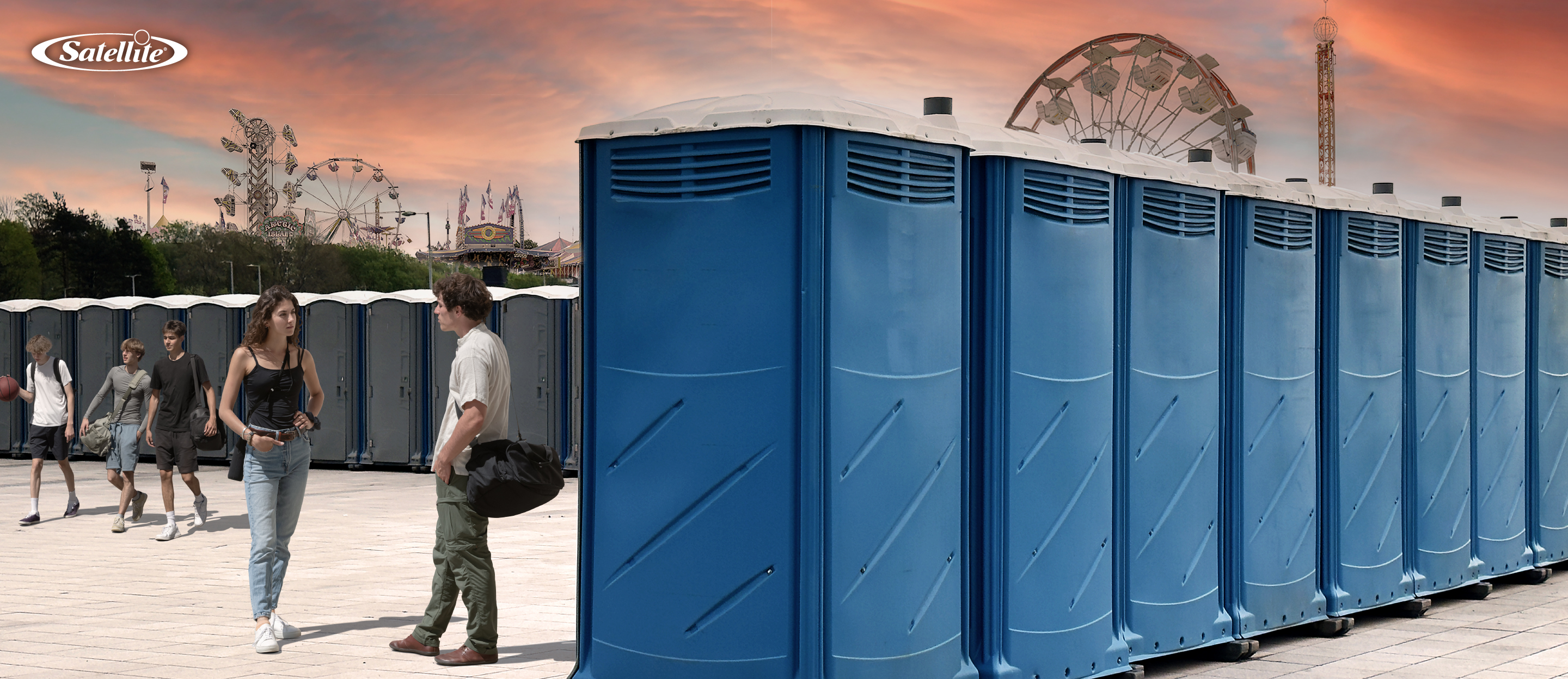 Rows of blue portable restrooms installed at a large outdoor festival with carnival rides and event attendees in the background. The image represents special event portable sanitation planning, helping operators calculate portable restroom rental costs, estimate servicing expenses, and price sanitation services for concerts, festivals, fairs, weddings, and large public events.
