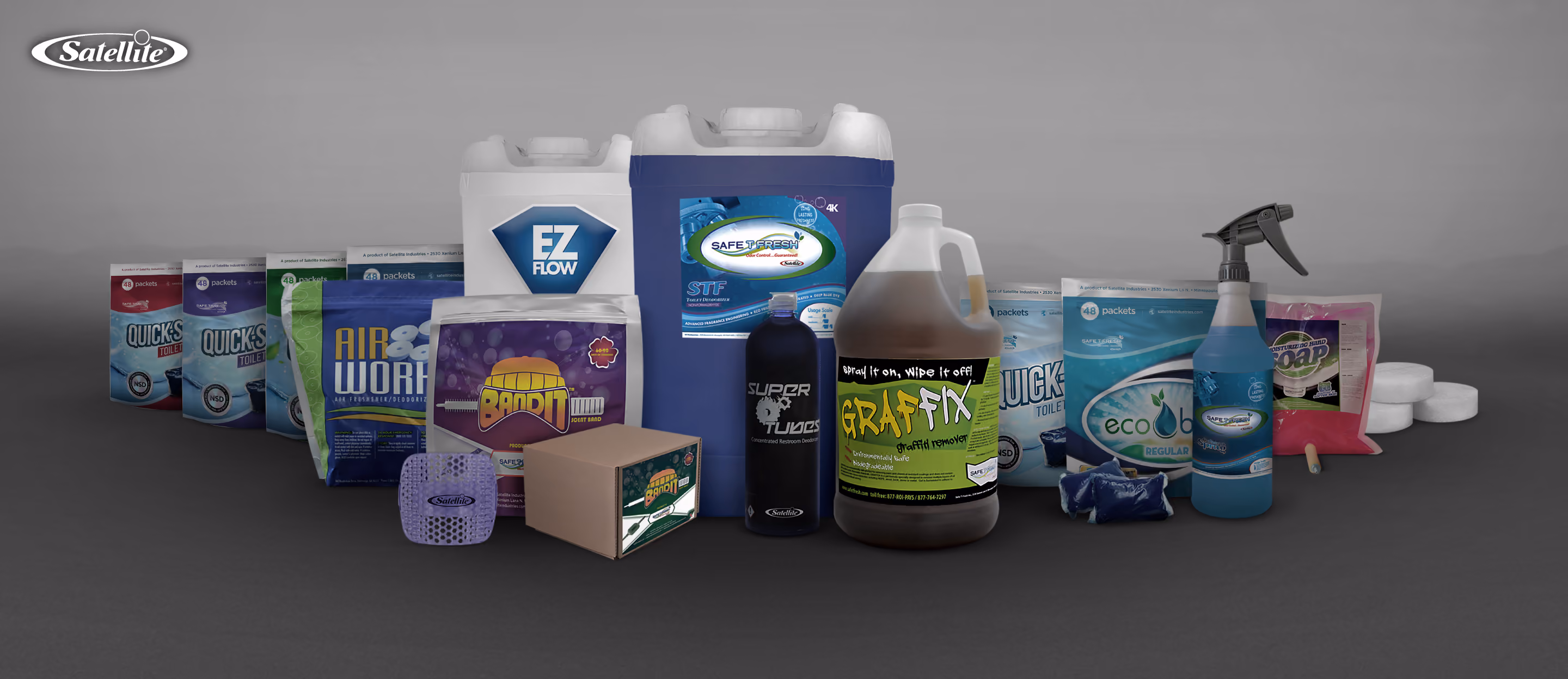 Collection of Satellite Industries portable restroom deodorizer products, toilet chemicals, bio packets, cleaners, graffiti remover, air fresheners, EcoLab products, Safe-T-Fresh liquids, EZ Flow chemicals, and portable sanitation maintenance supplies used to control odors, improve hygiene, and maintain portable restrooms and handwash stations.