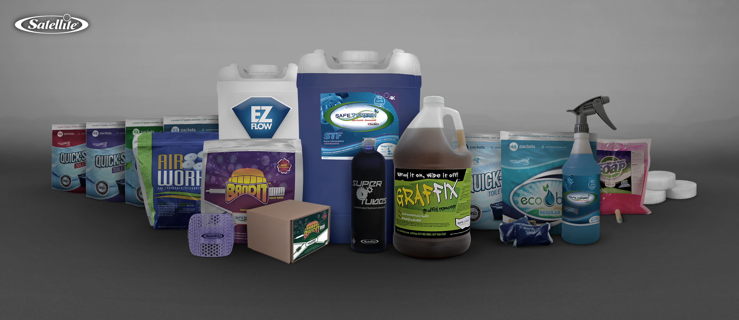 Collection of Satellite Industries portable restroom deodorizer products, toilet chemicals, bio packets, cleaners, graffiti remover, air fresheners, EcoLab products, Safe-T-Fresh liquids, EZ Flow chemicals, and portable sanitation maintenance supplies used to control odors, improve hygiene, and maintain portable restrooms and handwash stations.