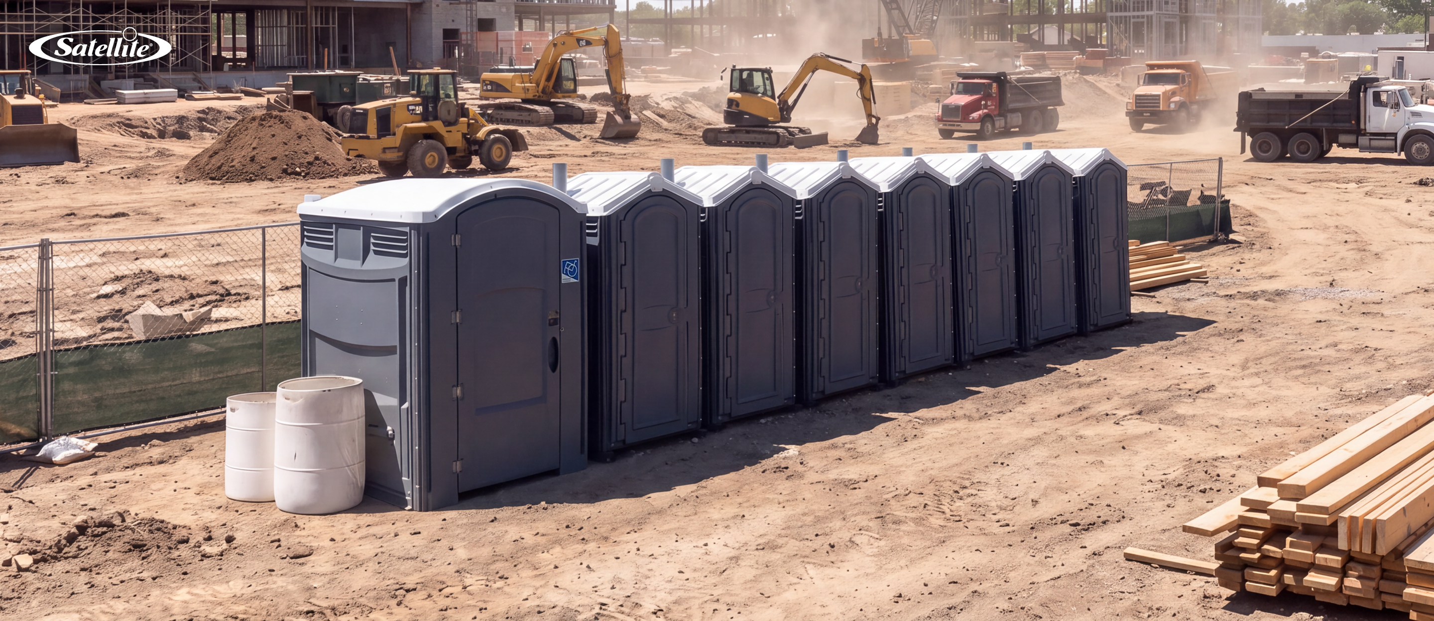 ADA-compliant portable toilet and standard portable restrooms installed on an active construction site with heavy equipment, illustrating OSHA-compliant portable sanitation solutions for construction projects, contractors, jobsite safety, and workforce productivity.