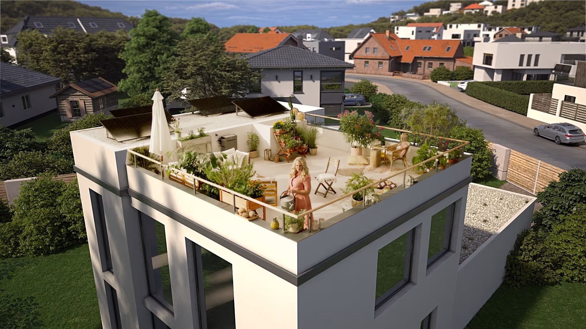 Barbara Schöneberger on her roof terrace / still capture from the Kleines Kraftwerk campaign