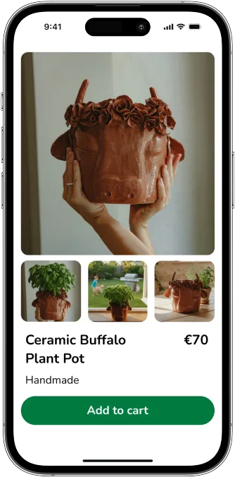 Mobile screen displaying a ceramic buffalo plant pot with a flower crown design, priced at €70, with options to add to cart.