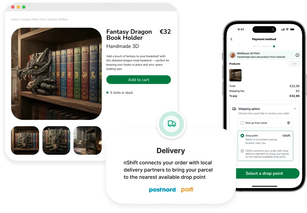 Online shop page showing a handmade 3D fantasy dragon book holder priced at €32 with the option to add to cart, alongside a mobile app screen displaying a delivery method selection with options for pickup or drop point, highlighting local delivery service nShift.