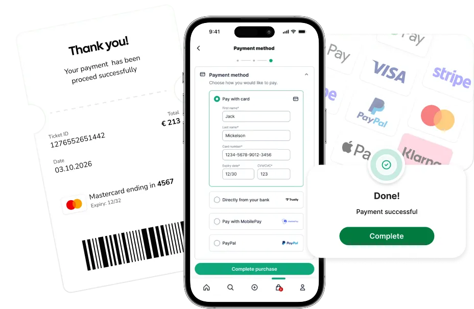Mobile screen showing payment method selection with card details entered and options for bank, MobilePay, and PayPal; a Thank You receipt and a confirmation message saying payment successful with a Complete button.