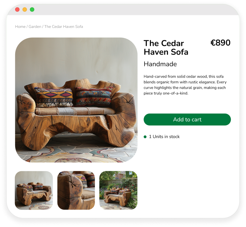 Käsin veistetty massiivipuinen sohva, maalaismainen muotoilu ja kuviolliset tyynyt laattalattialla.