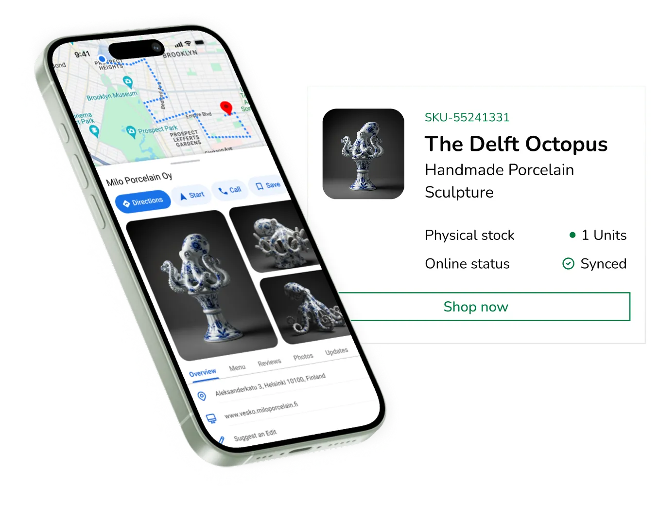 Smartphone displaying Milo Porcelain Oy's location on a map and images of the handmade Delft Octopus porcelain sculpture for sale.